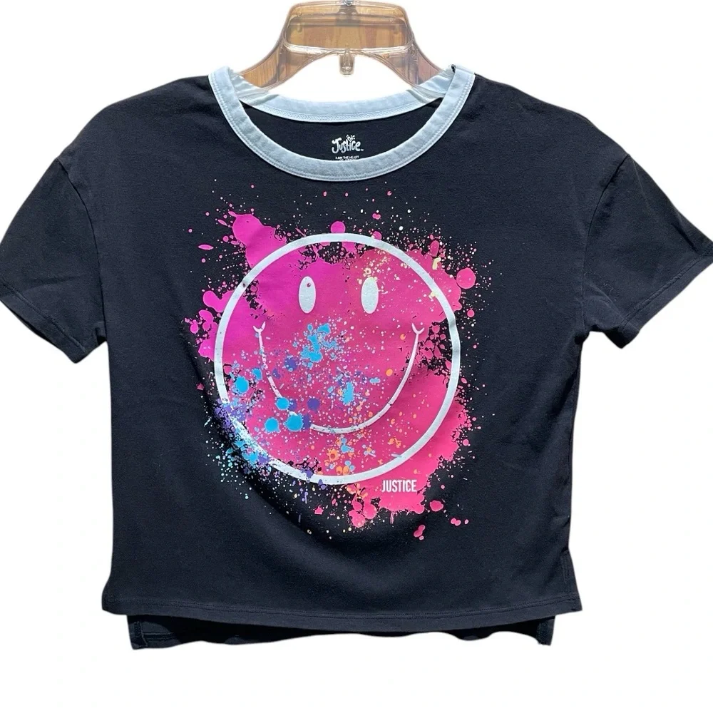 Justice Medium Girls Black T Shirt Smile Face Pink Purple Blue Splatter Paint